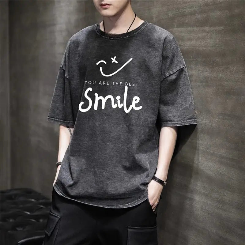 Washed Vintage American Men's And Women's Summer T-Shirts Cotton Crew Neck Breathable Comfortable  Tops For Daily Wearing