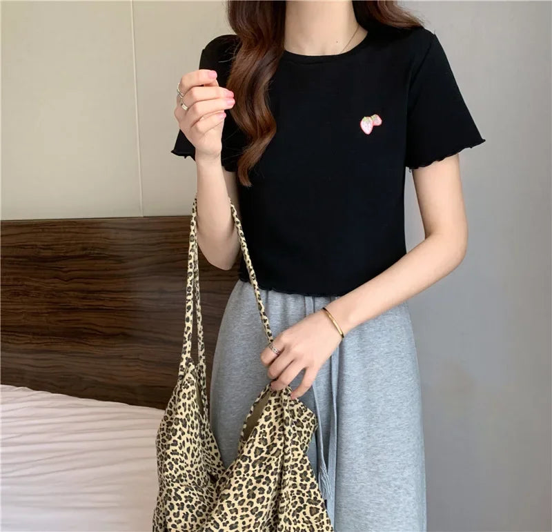 Summer Embroidered Short T-shirt Women Wooden Edge Irregular Slim Short Sleeve Top Plant Pattern Fiber Fabric Elegant Style
