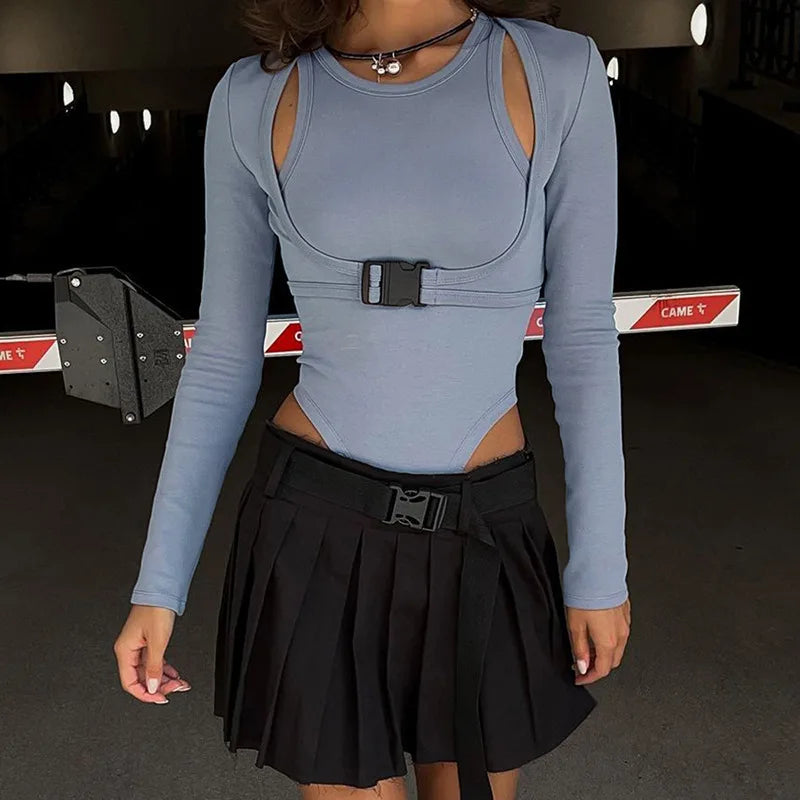 Autumn 2025 New Full Sleeves Hollow School Bags Buckle False Two Pieces Skinny Bodysuit Women Stylish Casual Versatile
