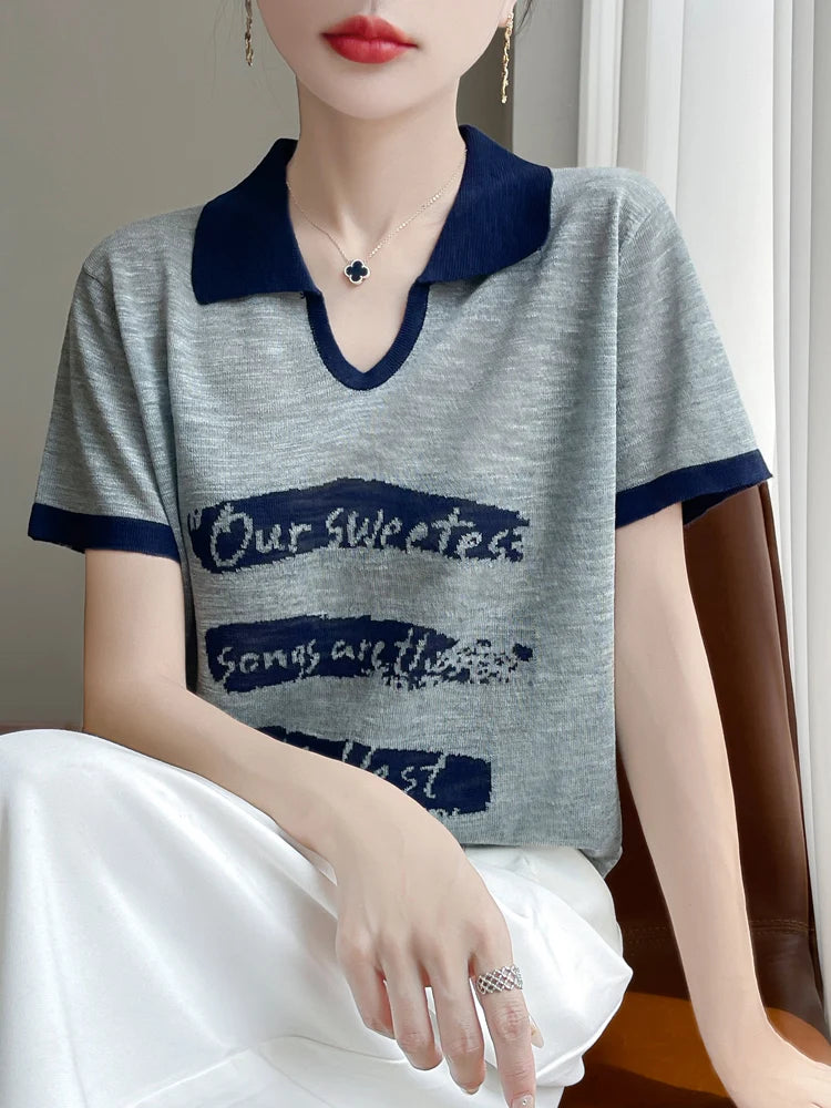 2025 New Large Size Summer Short Sleeve Scissor Collar T-Shirt Women High Grade T-Shirt Fashion Comfortable Leisure T-Shirt Tops