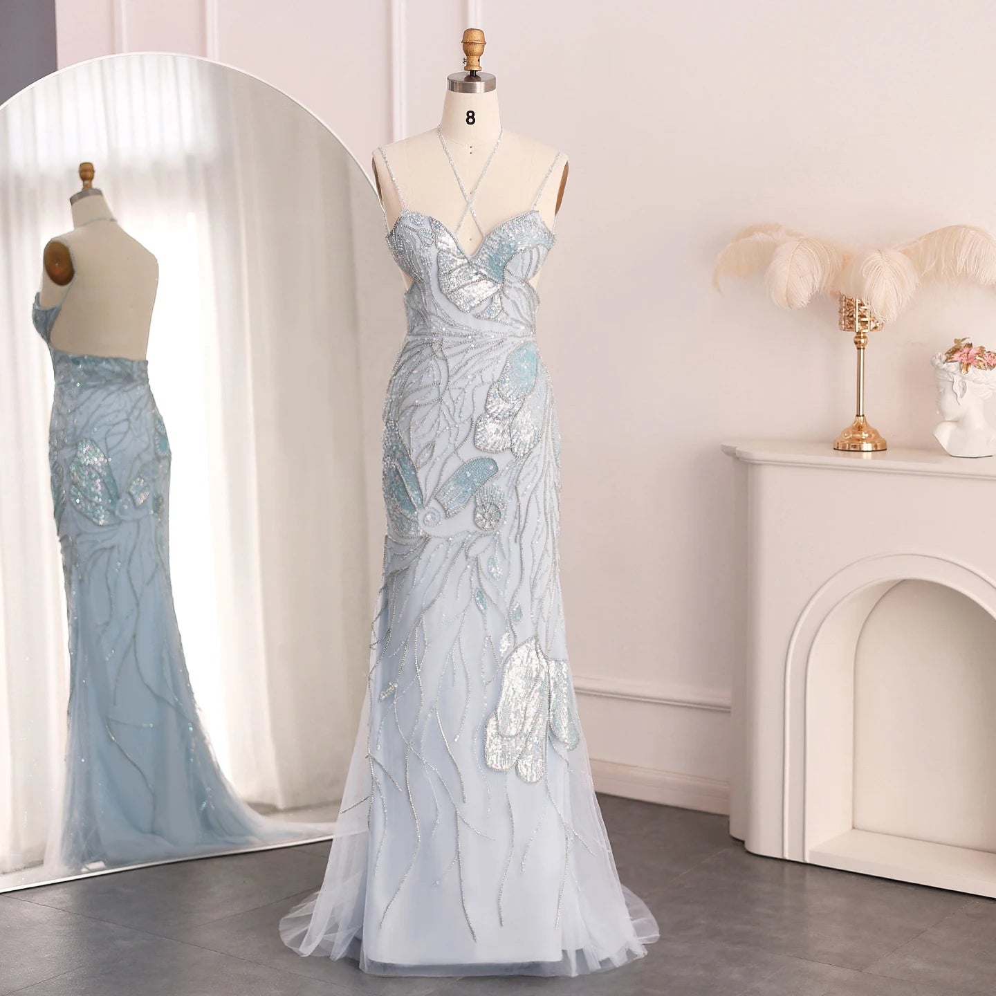 Sharon Said Luxury Mermaid Pink Evening Dresses with Feathers Scarf Straps Dubai Women Blue Wedding Prom Gowns SS478 Customized