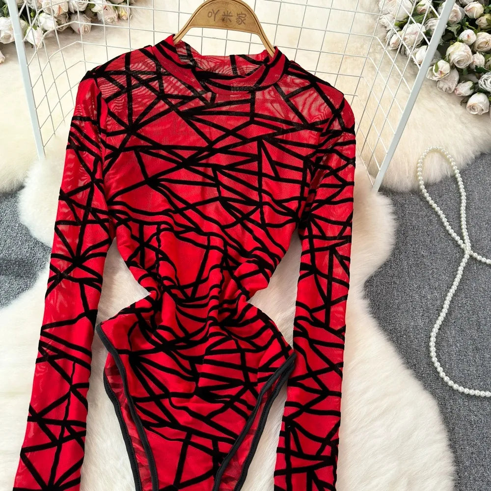 Foamlina Sexy Hollow Out Mesh Bodysuits for Women Fashion Striped Print Stand Collar Long Sleeve Slim Fit Club Party Jumpsuits