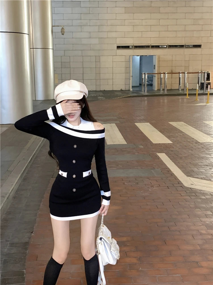 Hot Girl Off Shoulder Long-sleeved Knitted Dress Women's Autumn Fake Two-piece Shirts Spliced Sexy Wrapped Hip Short Dress