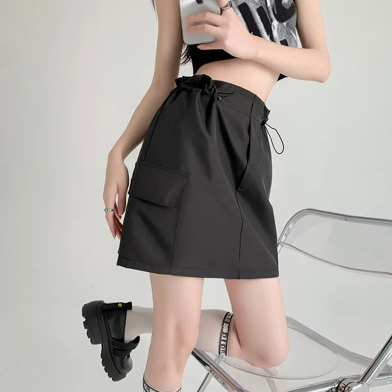 Designer drawstring cargo skirt woman A-line dress with pocket zipper fly korean reviews many girls clothes skirt shorts