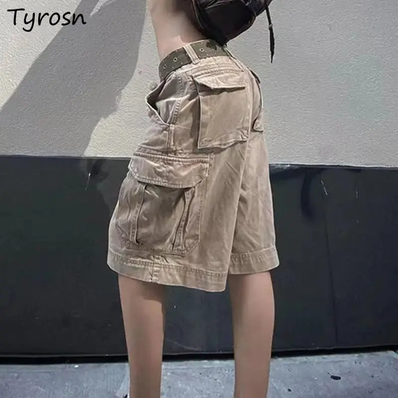 Cargo Knee-length Jeans Women Vintage Washed Streetwear Chic Unisex Fashion Summer Pockets BF Casual Baggy All-match Schoolgirls