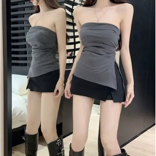 Sexy Open-Back Strapless Sleeveless T-Shirt Women's Spring Autumn Slimming Grey Top Cropped Outer Wear Base Wrap Chest