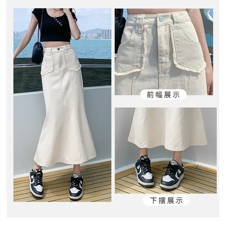 GUUZYUVIZ Denim Skirts Womens Summer Casual High Waisted Pocket Midi Skirt Ladies Korean Fashion Mermaid Skirt Female