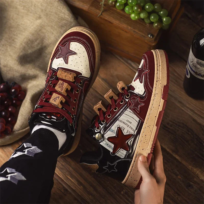 Trendy Red Wine Star Shoes 2024 Spring New Men's Casual Shoes Versatile Vintage Couple Shoes Male Genuine Leather Footwear