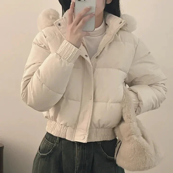 South korea Chic Autumn and Winter Fur Collar Hood Short down Coat Women Fashion Thick Warm Fleece-lined Cotton-padded jacket...