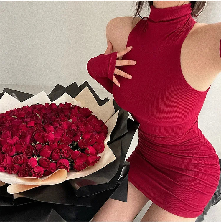 Spring Sexy High Collar Dress Spicy Sweet Tight Pure Desire Style Halter Wrap Hip Dress Women