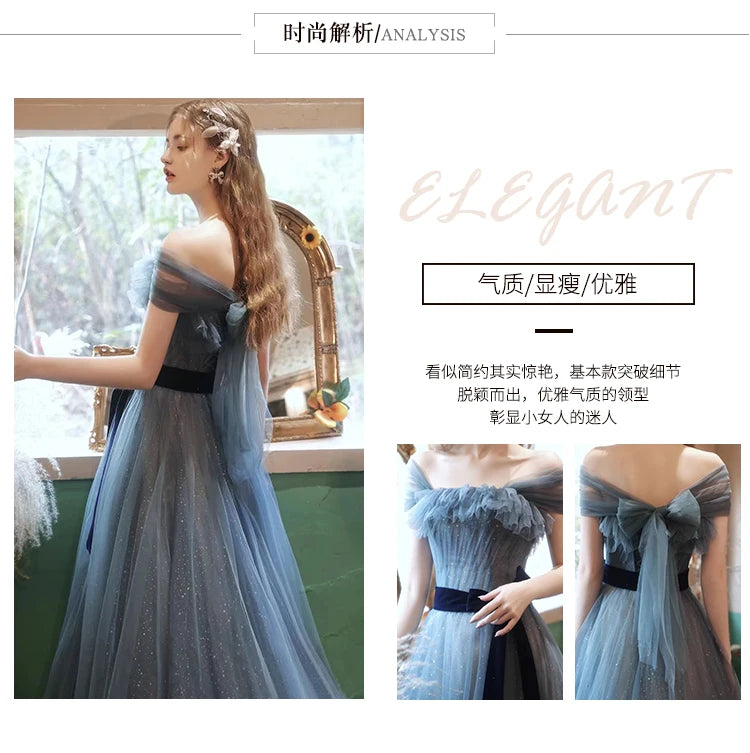 New greydish blue long sweat lady girl women princess bridesmaid banquet party prom dress gown