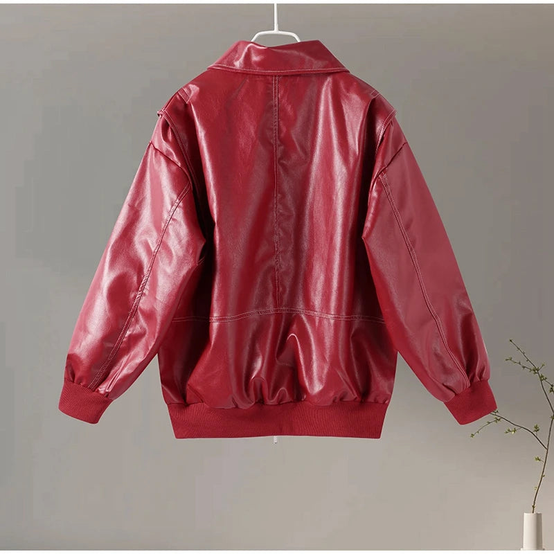 Fashion Green PU Leather Jacket Women Laple Zipper Loose Full Sleeve Single Breasted Cropped Coat 2024 New Lady Solid Streetwear