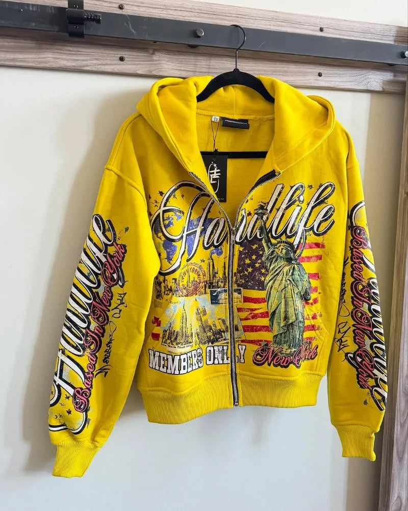 2025 European and American retro fashion men printed zipper hoodie Harajuku Goth streetwear coat couple oversized sweatshirt