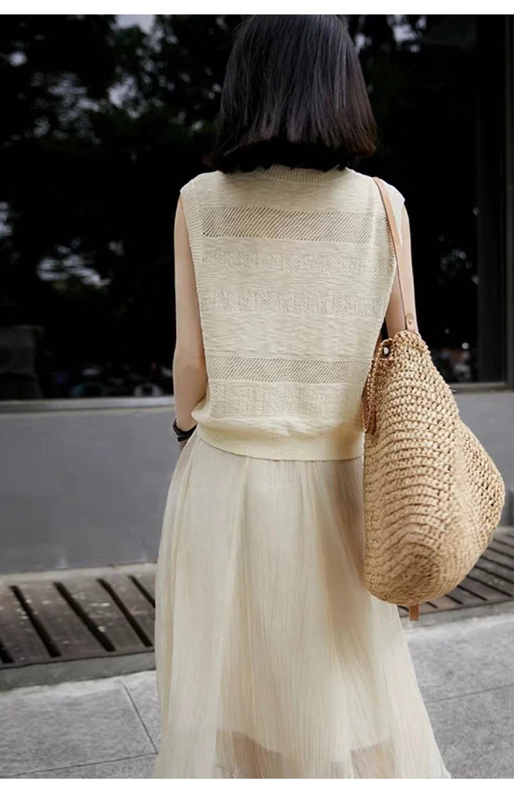 Women's Fashion Sleeveless Tees ONeckPullover Summer Worsted Wool Top Hollow Out T-Shirts Simple Elegant And Smooth Cool Comfort