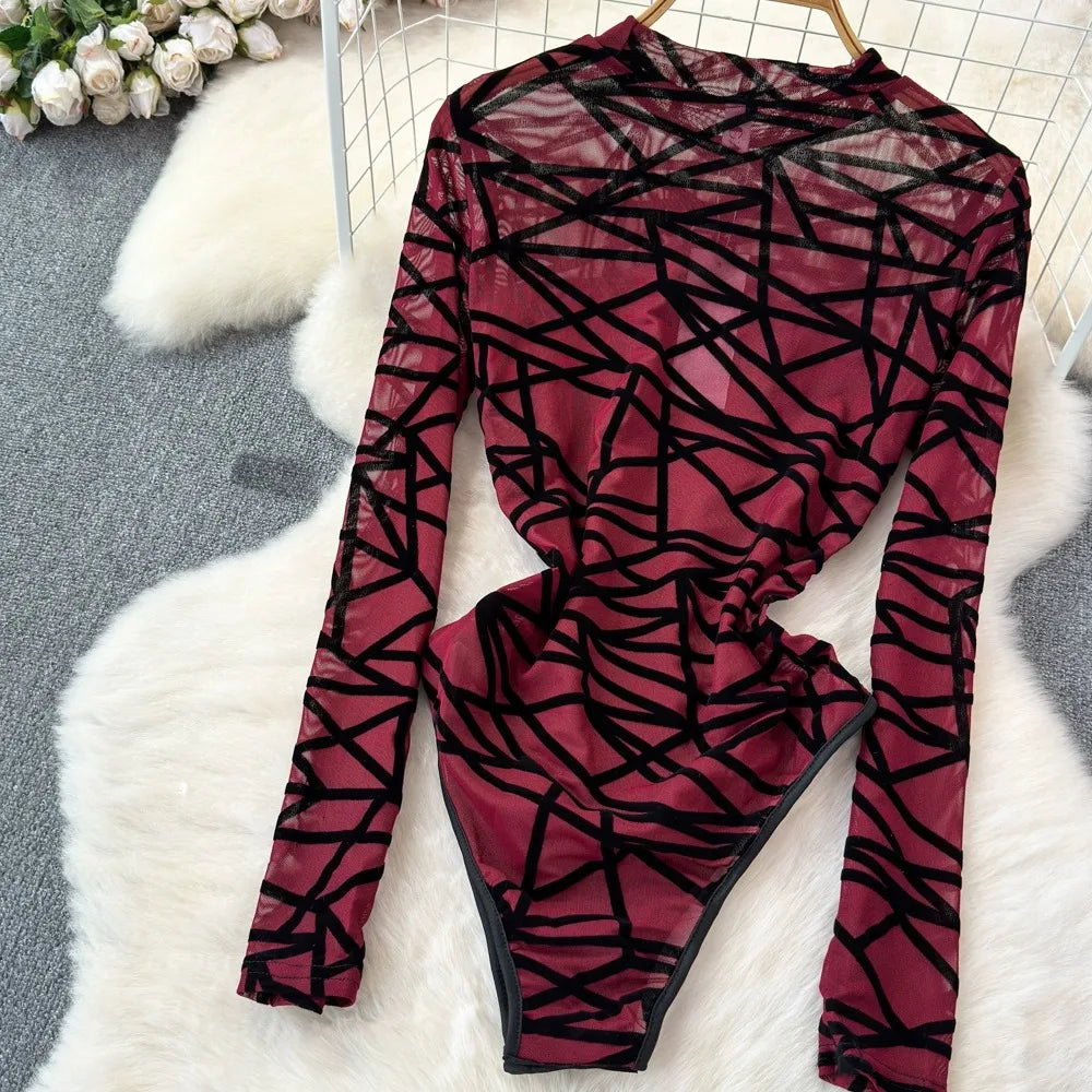Foamlina Sexy Hollow Out Mesh Bodysuits for Women Fashion Striped Print Stand Collar Long Sleeve Slim Fit Club Party Jumpsuits