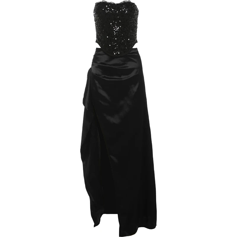 Weird Puss Prom Elegant 2 Piece Set Women Sequins Patchwork Backless Tube Tops+Ruched Slits Long Skirts Matching Sexy Trend Suit