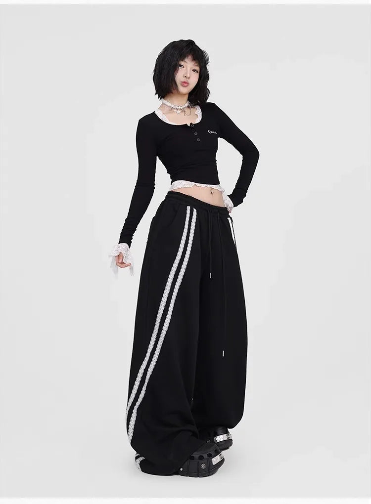 CBXLAB Street Dance Women' s Black lace pull-tab jazz pants K-pop spicy girl long pants street leisure pants trendy.