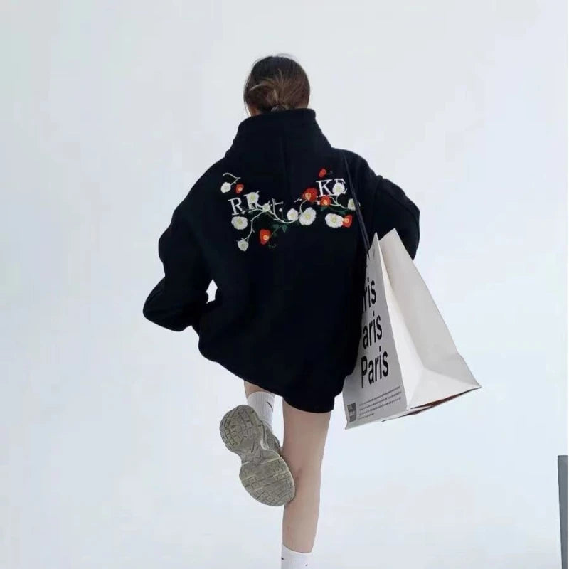 Hikigawa Chic Fashion Floral Embroidery Hoodies Women Coats Autumn Casual Loose All Match Hooded Pullover Outerwear Tops Mujer