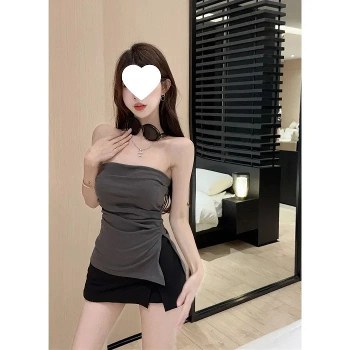 Sexy Open-Back Strapless Sleeveless T-Shirt Women's Spring Autumn Slimming Grey Top Cropped Outer Wear Base Wrap Chest