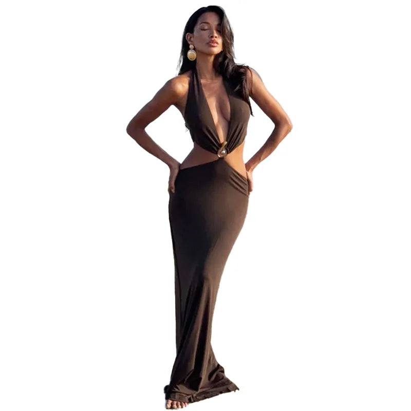 Hugcitar Women'S Fashion Halter Solid Hollow Out Backless Sexy Slit Maxi Dress 2025 Summer Clothes Beach Vacation Y2K Wholesale