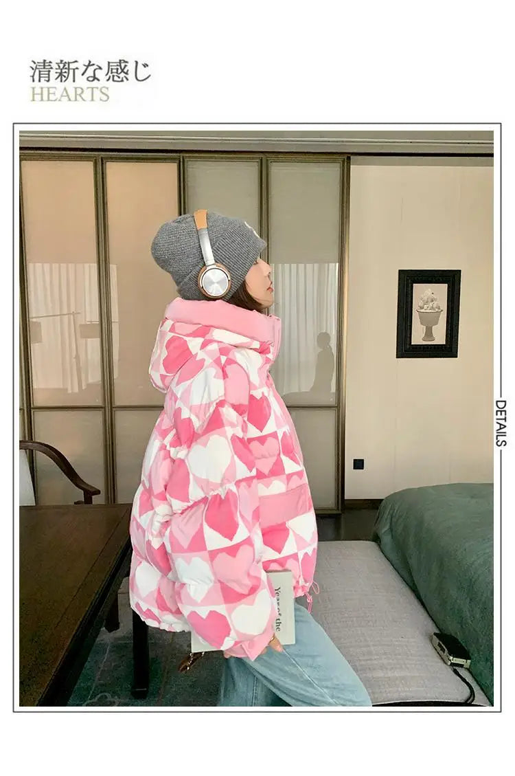 Duck Down Coat for Women, Loose and Thicken Hooded Parkas, Printed Outerwear, Female Bread Jackets, Winter Clothing, New, 2024