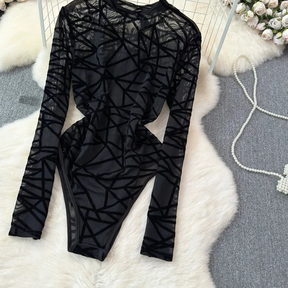 Foamlina Sexy Hollow Out Mesh Bodysuits for Women Fashion Striped Print Stand Collar Long Sleeve Slim Fit Club Party Jumpsuits