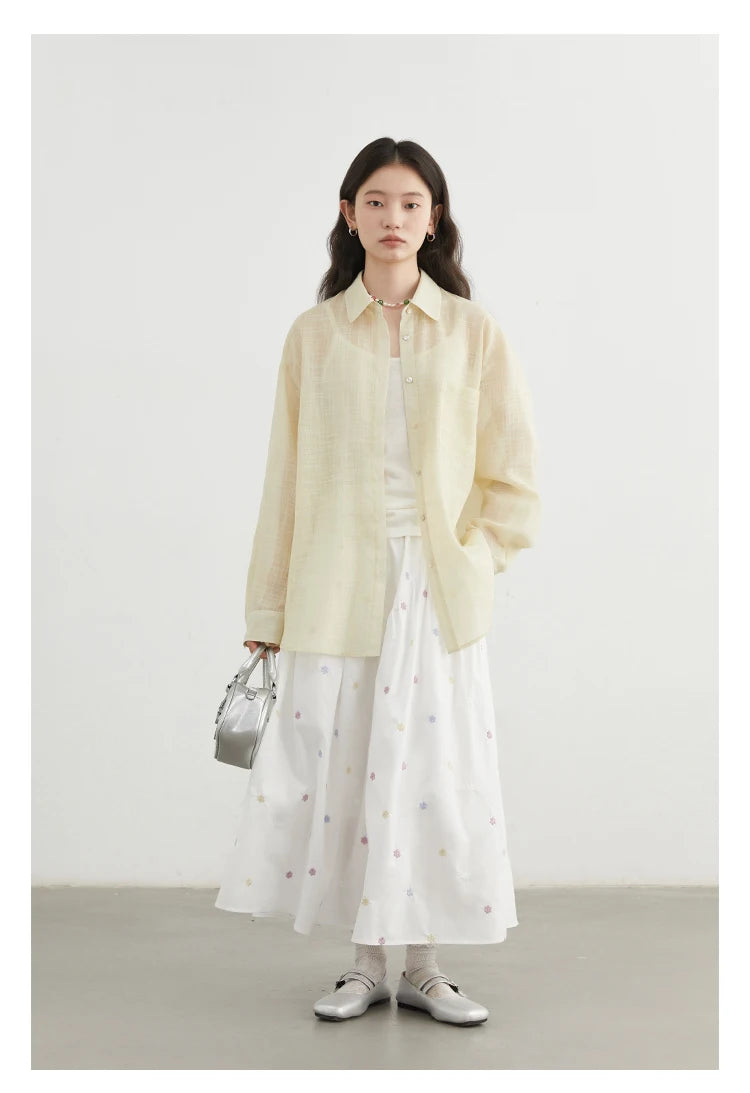 CHIC VEN New Women Shirt Retro Loose Casual Single Breasted Long Sleeve Back Slit Thin Transparent Female Blouses Summer 2025