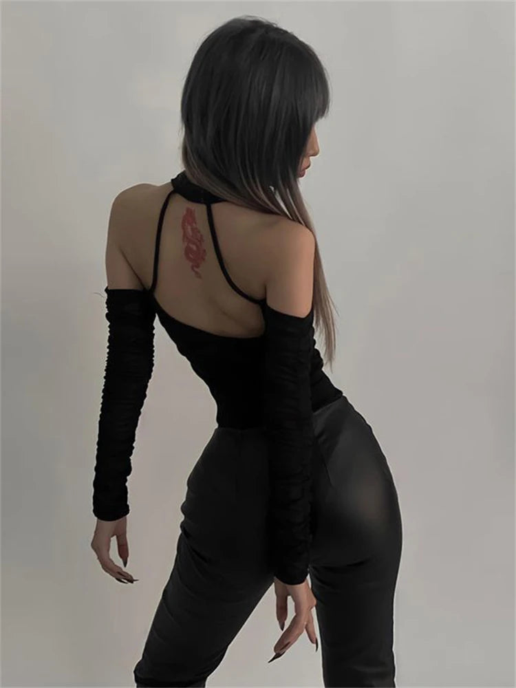 Vintage Off Shoulder Hollow-out Slim Bodycon Jumpsuit Sexy V-neck Y2K Halter Long Sleeve Body Tops Club Outwear Bodysuits Women