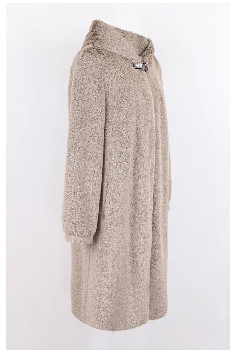 Lautaro Winter Luxury Long Black Faux Mink Fur Coat Women with Hood Long Sleeve Elegant Thick Warm Fluffy Furry Jacket 6xl 7xl