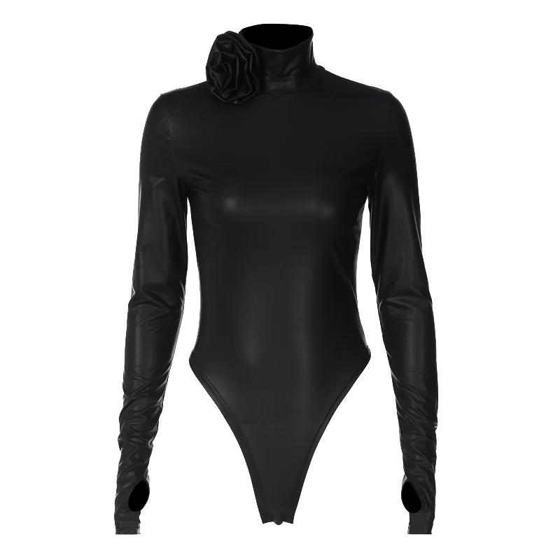 Hugcitar Fashion Pu Leather Black Turtleneck Tie Flower Long Sleeve Buttons Sexy Bodycon Bodysuit Women Party Overalls Romper