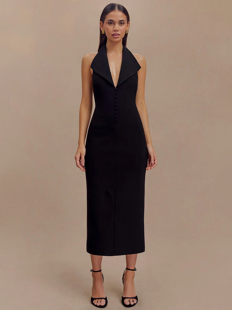 Mozision Halter Deep V Neck Sleeveless Sexy Maxi Dress For Women Elegant Backless Bodycon Tank Dress Femme Fashion Long Dress