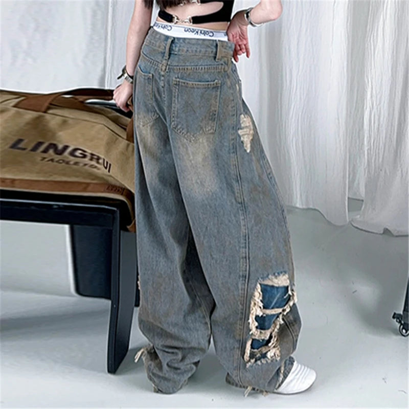 Kids Child American Vintage Washed and Distressed Jeans with Side Hole For Girl High Street Fashion  Wide Leg Broken Denim Pants
