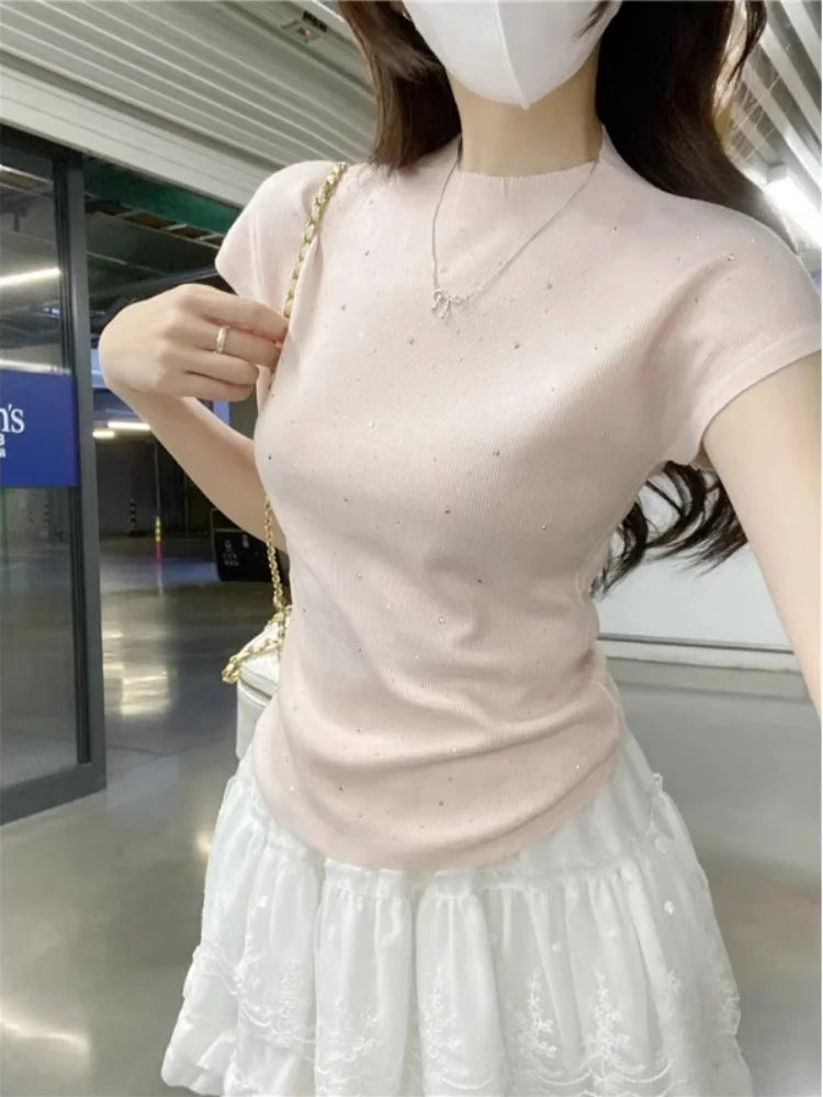Blue Bead Knitted Top Women's Slim Fit ort Sve round Ne T-irt Summer 2025 New Design Commute Sle Knittedwear