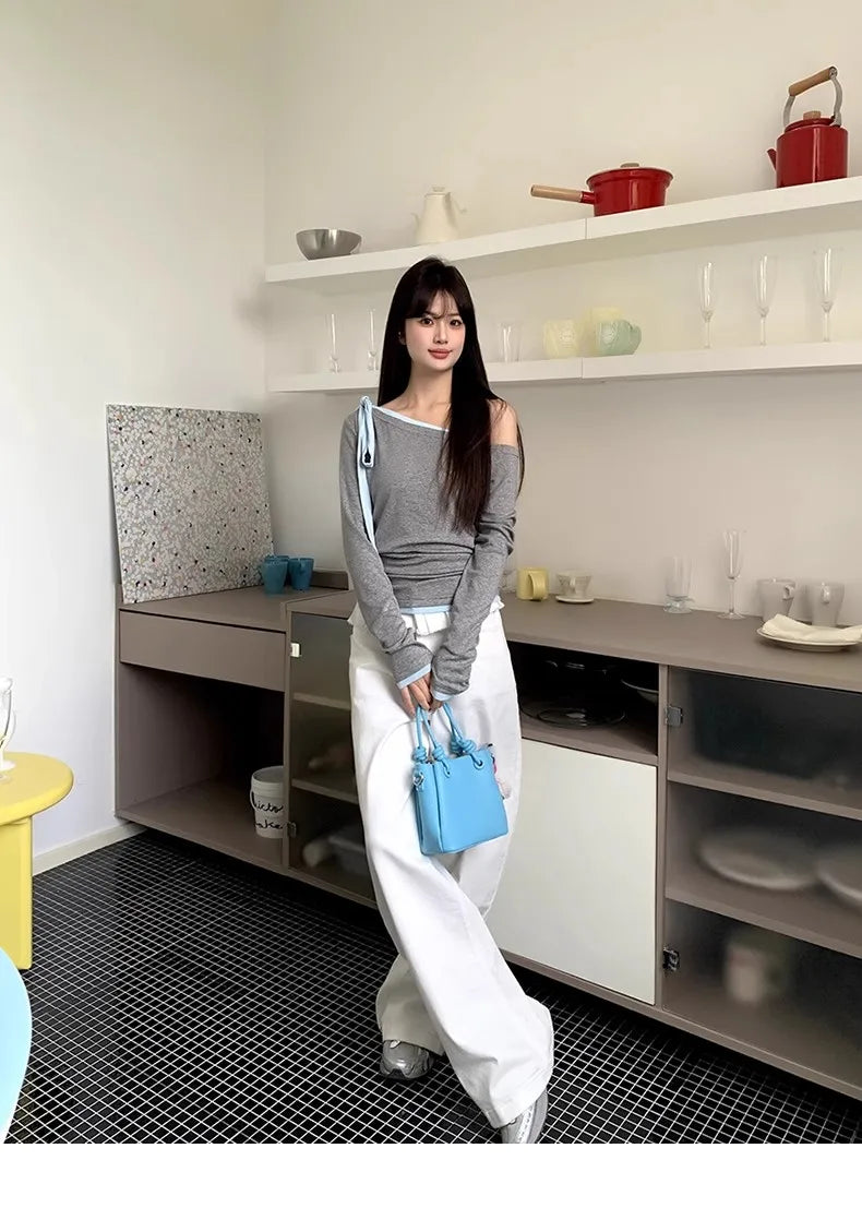 Casual Patchwork Pleated Wide Leg Pants Loose Solid High-Waisted Straight Pants Women Fashion Streetwear Lady Jeans