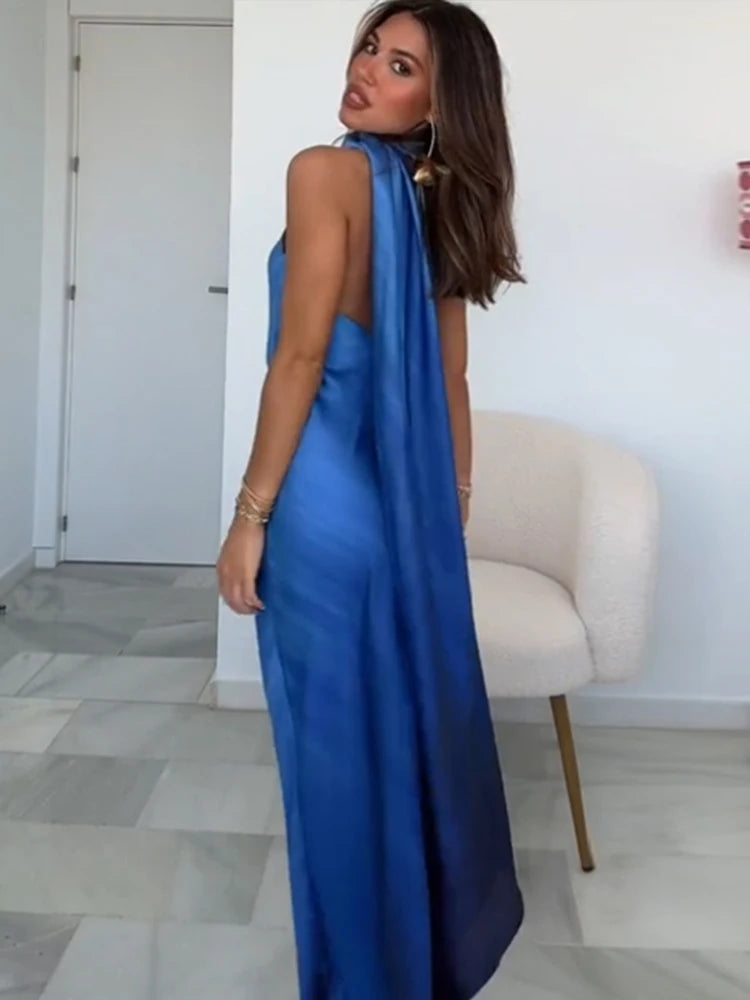 Scarf Collar Sleeveless Evening Dresses Women Backless Sexy 2025 Spring Loose High Waist Holiday Party Dress Female Elegant Robe