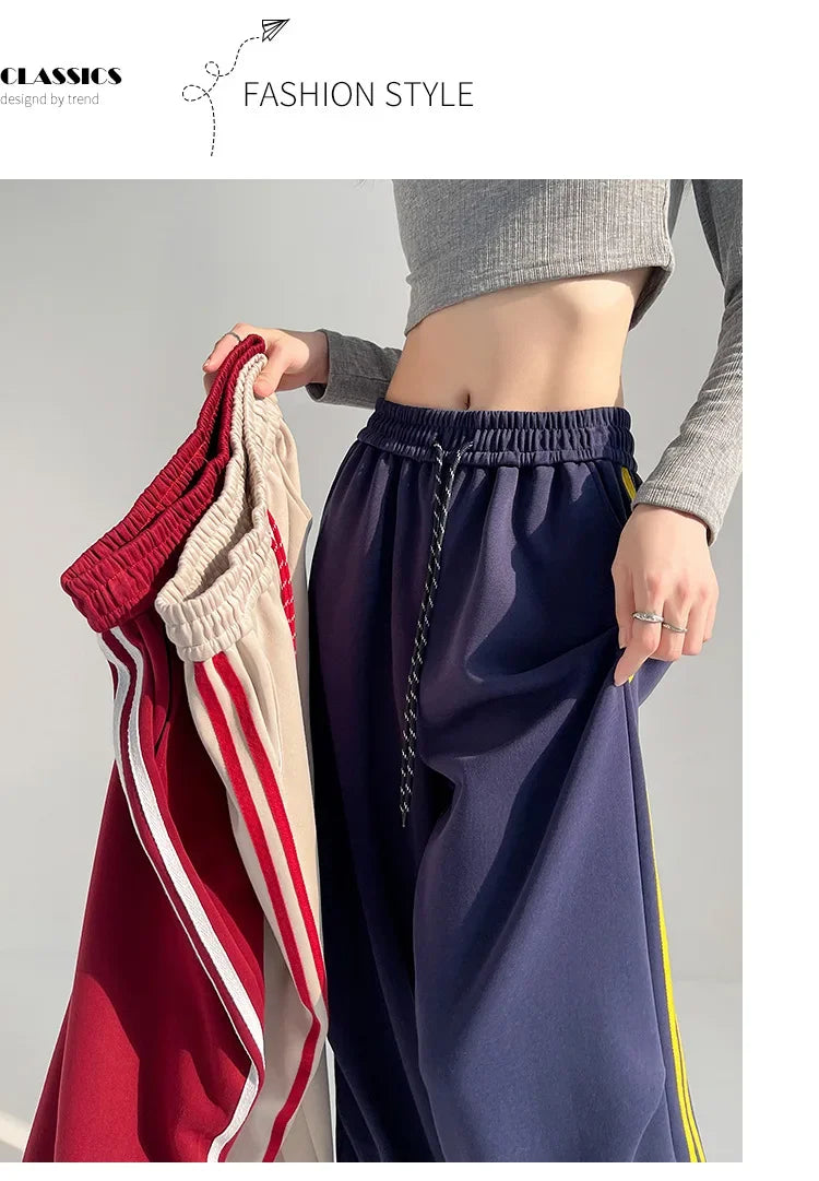New 2025 American Stripe Sports Pants Women's Spring Autumn Wide Leg Loose Jazz Dance Casual Parachute Long Trousers