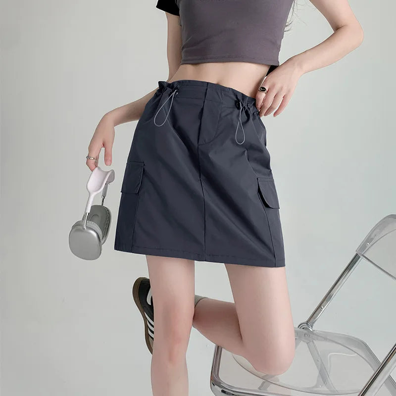 Designer drawstring cargo skirt woman A-line dress with pocket zipper fly korean reviews many girls clothes skirt shorts