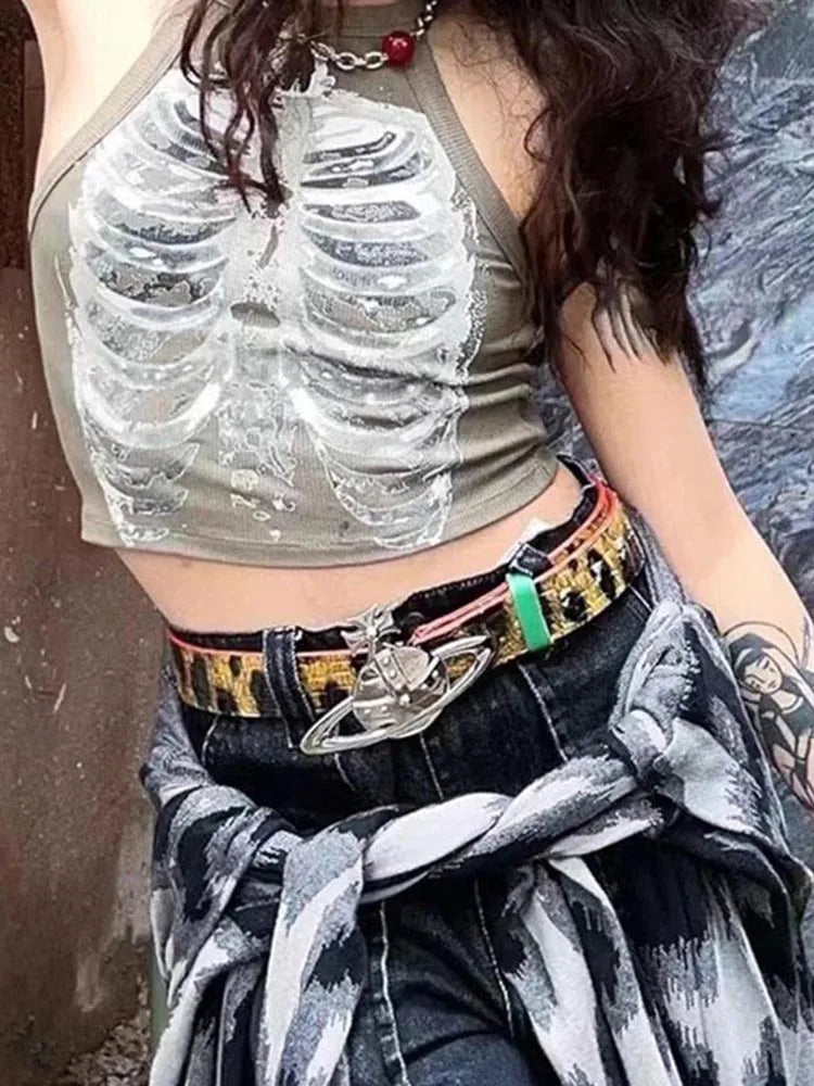 Punk Aesthetic Cyber Retro X-ray Skeleton Print Rib Sleeveless Vest ArmyGreen Crop Top Designer Clothes Women 2023 Summer Emo