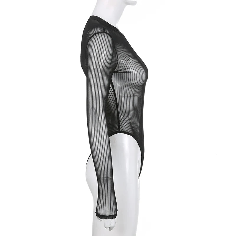 SUCHCUTE Sexy See Though Women T-shirts Gothic Mesh Black Long Sleeve Skinny Bodysuit Dark Fashion Hollow Out Backless Playsuit