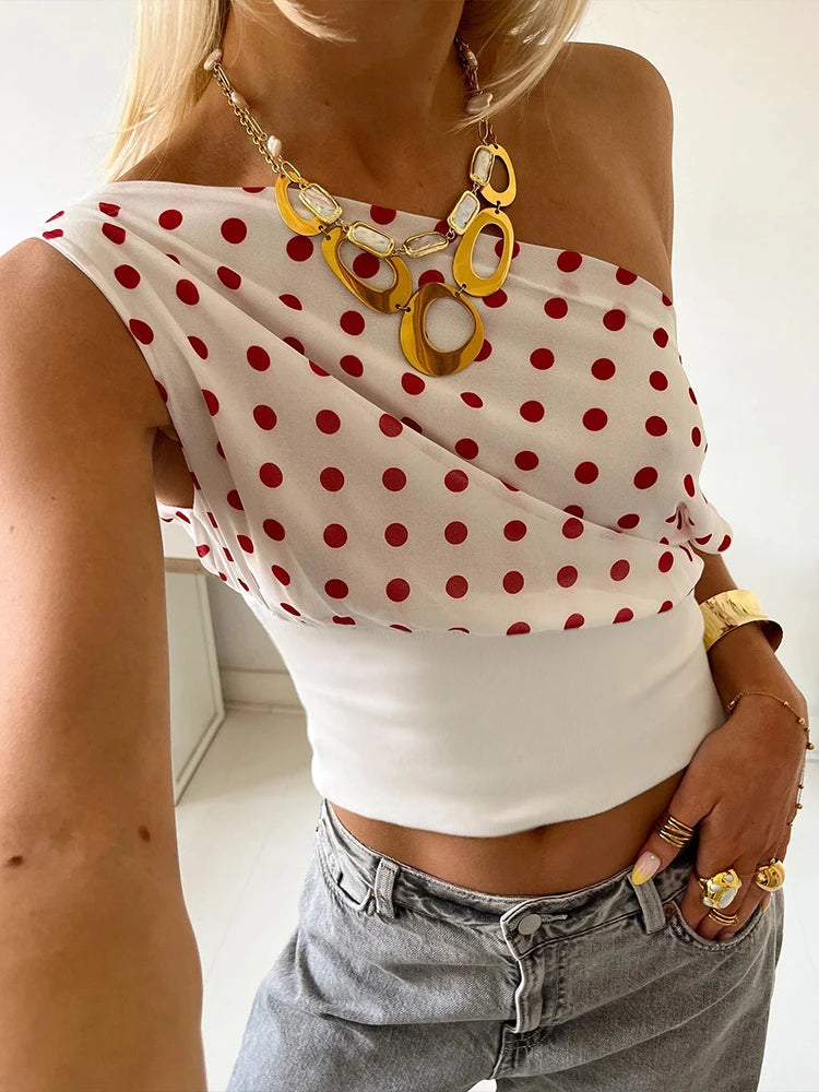 Weird Puss Polka Dots Print T-Shirts Women Summer Trend Skew Collar Off Shoulder Backless Street Fashion Trend Ruched Crop Tops
