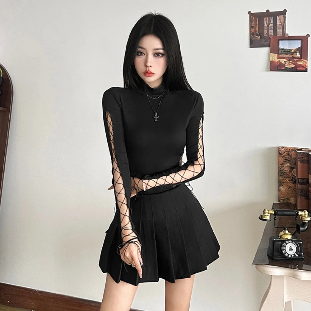 SylCue Irregular Hollow Solid Skinny Bodysuit Women Turtleneck Shirring Full Sleeve Spicy Girl Fashion Trend Classic Streetwear
