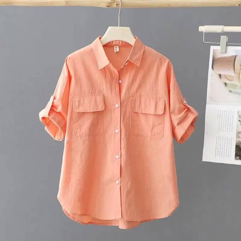 Summer Korean Style Solid Cotton Chic Women's Shirt Casual Loose All Match Office Lady Blouse Female Short Sleeve Blusas Mujer