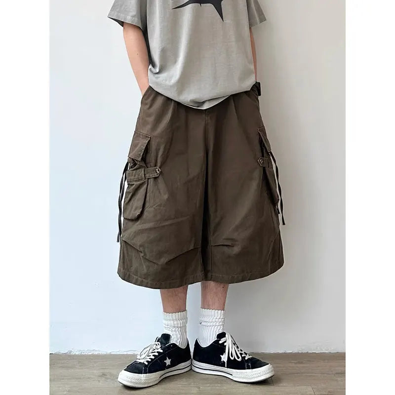 Vintage Brown Cargo Shorts Women Oversized Y2k Grunge Cropped Pants Wide Leg Hip Hop Style Streetwear Baggy Pockets Short Pant