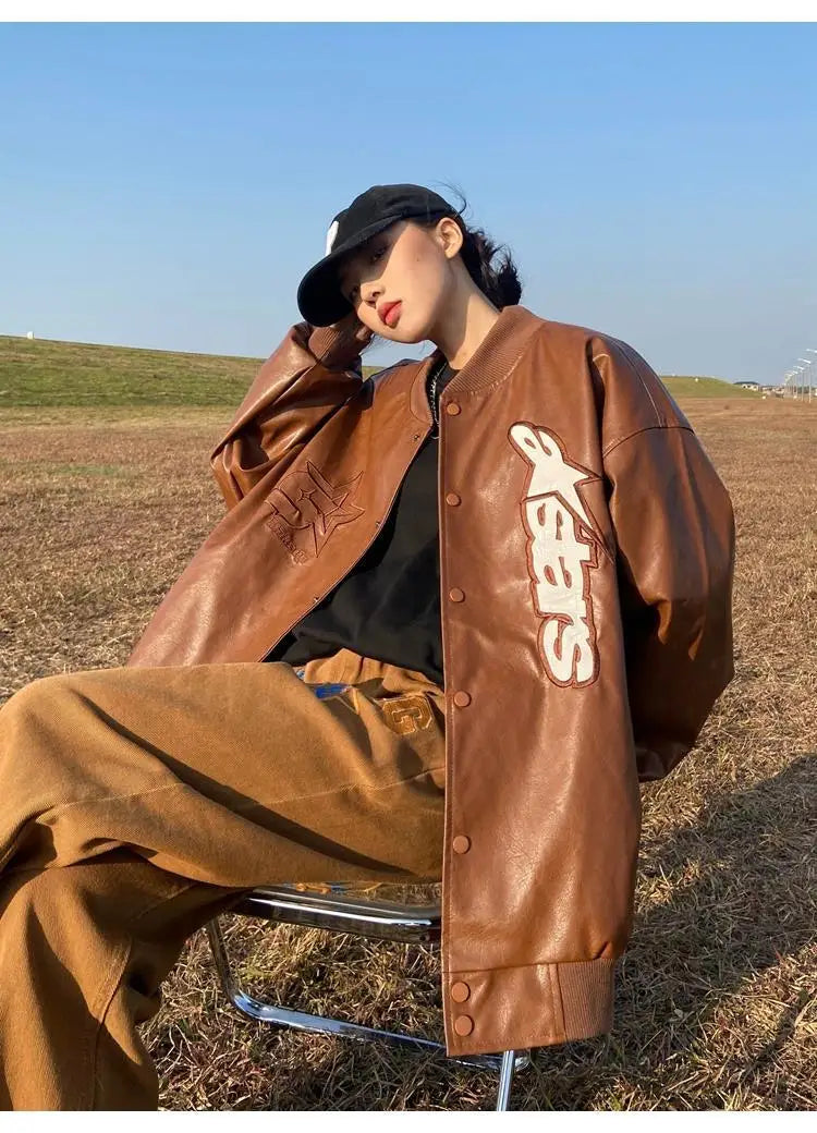 American retro letter embroidery leather Jacket Coat women's Y2K street hip-hop trend baseball suit couple casual leather jacket