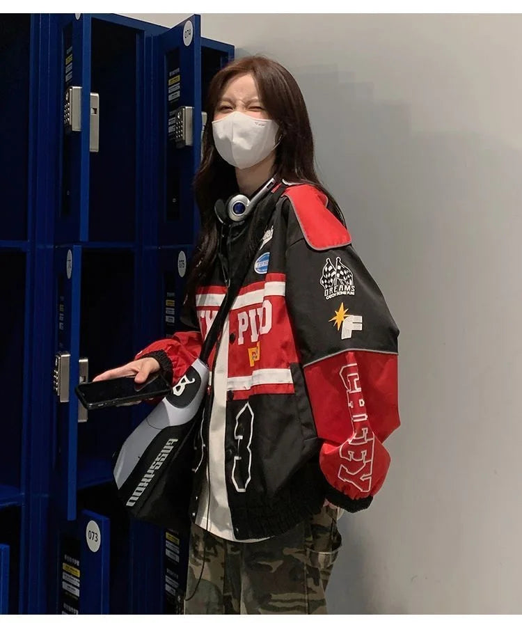 2023 Y2k Red White Bomber F1 Jacket Women Men Biker Racer Jacket Retro Hip Hop Grunge Clothes Trend Oversize Windbreaker Varsity