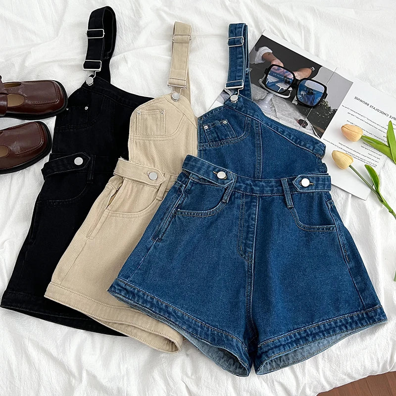 Casual Denim Jumpsuits Women Spring Summe Retro Short  Fashion  One-shoulder Wide Leg Pants 2024 New Cool Girls Streetwear