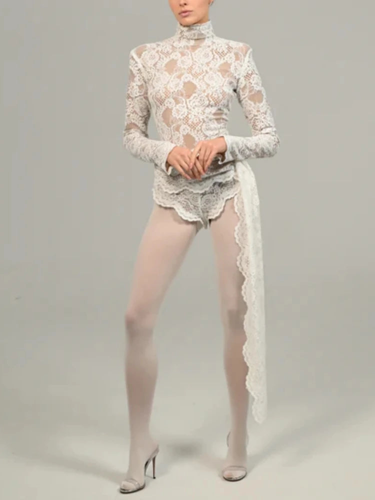 2024 New Autumn White Black Women Sexy Long Sleeve Lace Bodycon Draped Bodysuit Fashion Performance Costume Stage Wear