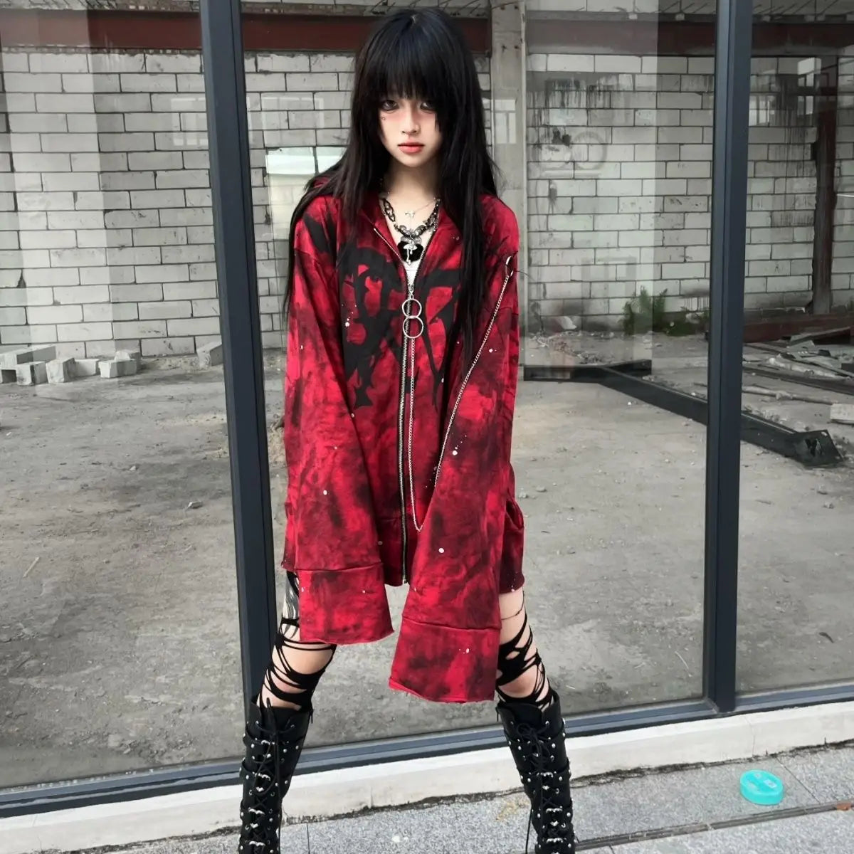 Y2k Aesthetic Printing Punk Hoodies Women Grunge Loose Pocket Oversized Hooded Hoody Harajuku Streetwear Emo Zipper Sweatshirts