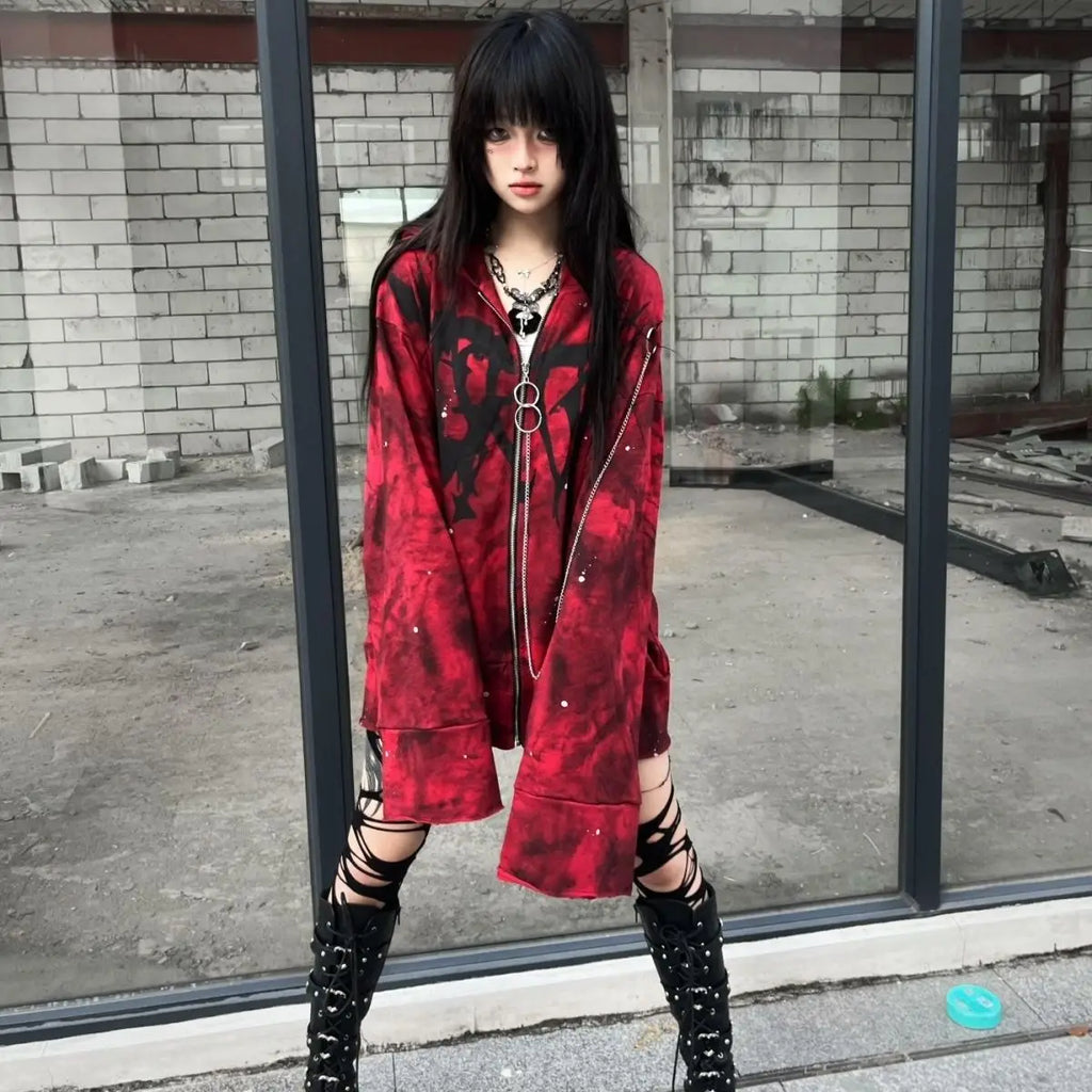 Y2k Aesthetic Printing Punk Hoodies Women Grunge Loose Pocket Oversized Hooded Hoody Harajuku Streetwear Emo Zipper Sweatshirts