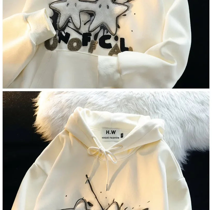 American Style Street Flocking Star Hooded Sweatshirt For Men Women Couple Loose Fit Oversize Spring Autumn Thin Jacket